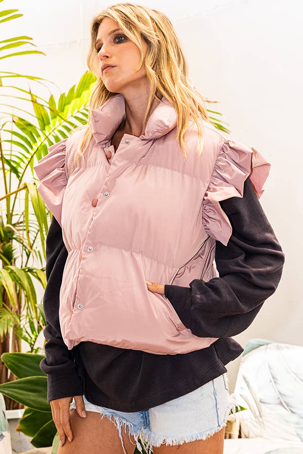 Ruffle Sleeve Crop Down Vest