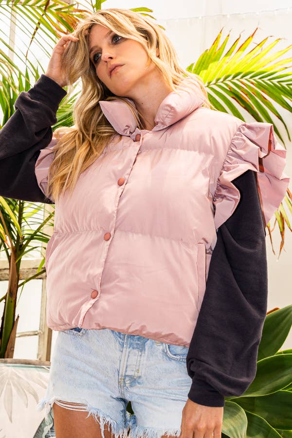 Ruffle Sleeve Crop Down Vest
