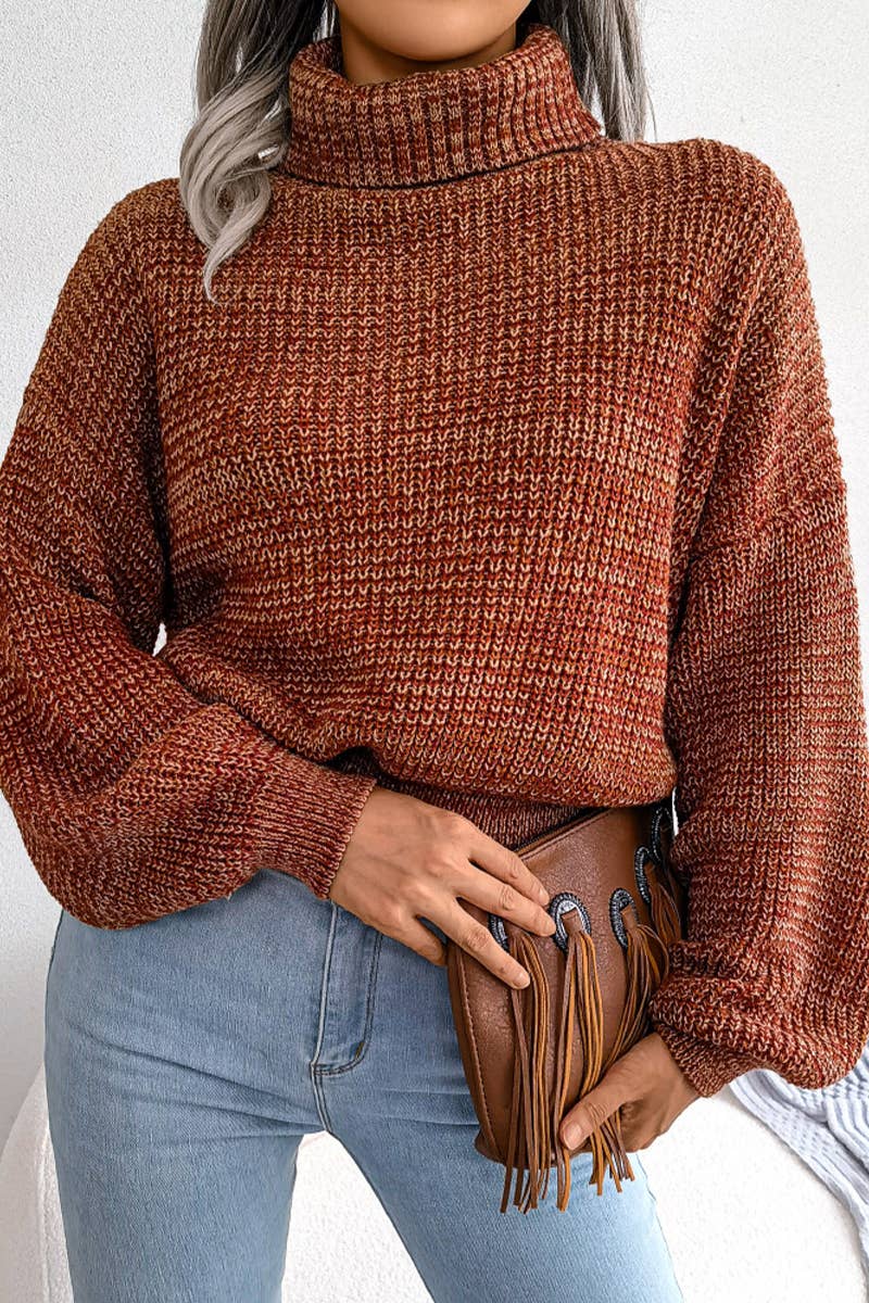 WOMEN LOOSE FIT CABLE KNITTED HIGH NECK SWEATER