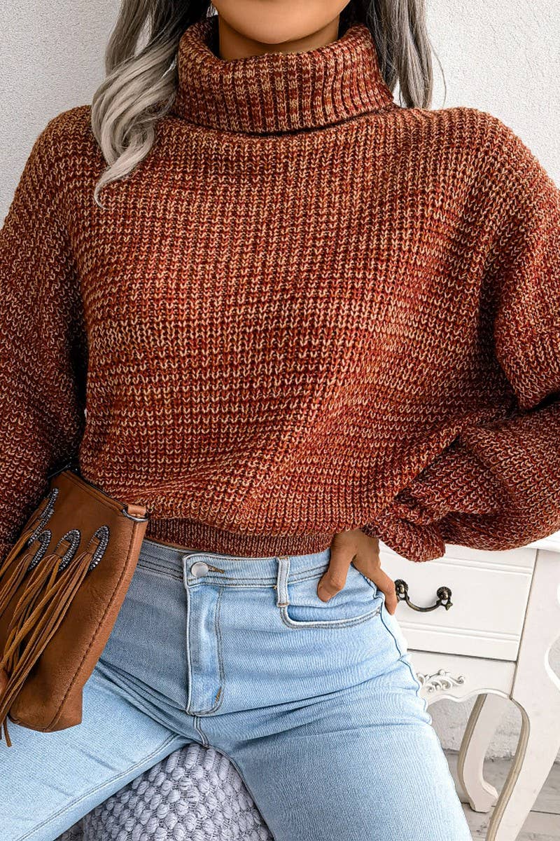 WOMEN LOOSE FIT CABLE KNITTED HIGH NECK SWEATER