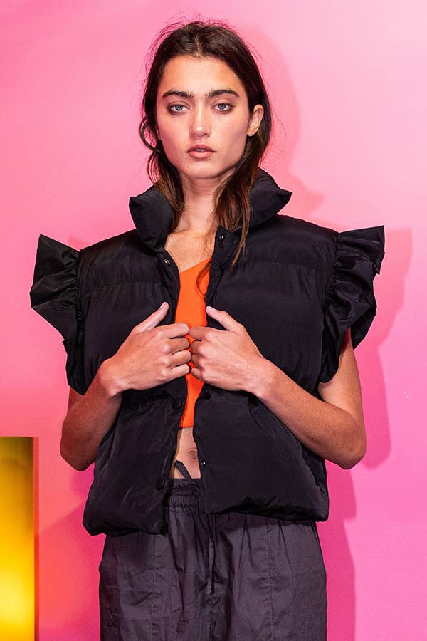 Ruffle Sleeve Crop Down Vest