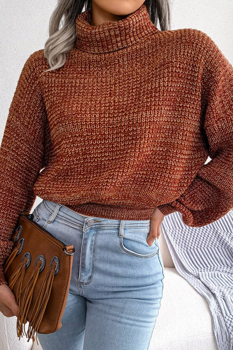 WOMEN LOOSE FIT CABLE KNITTED HIGH NECK SWEATER