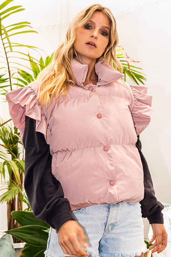 Ruffle Sleeve Crop Down Vest