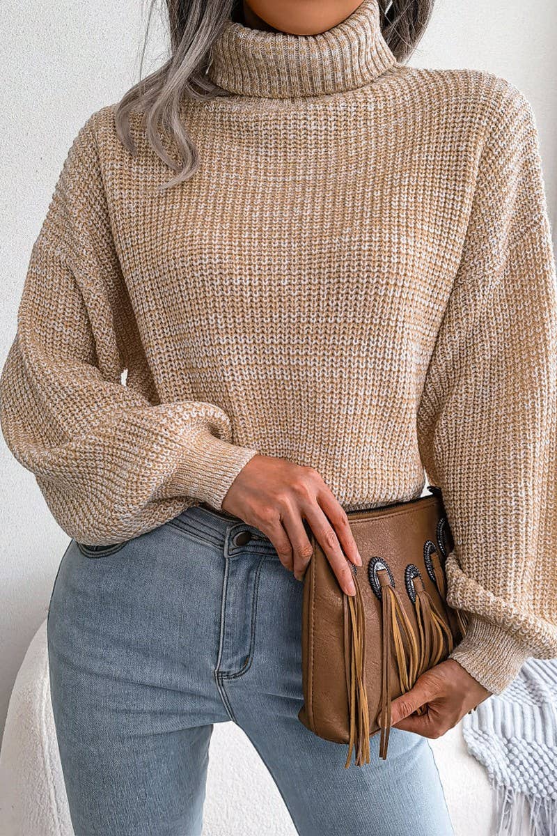 WOMEN LOOSE FIT CABLE KNITTED HIGH NECK SWEATER