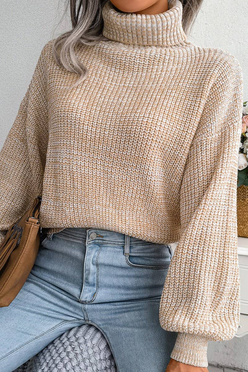 WOMEN LOOSE FIT CABLE KNITTED HIGH NECK SWEATER