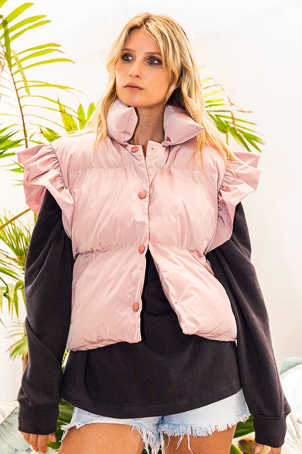 Ruffle Sleeve Crop Down Vest