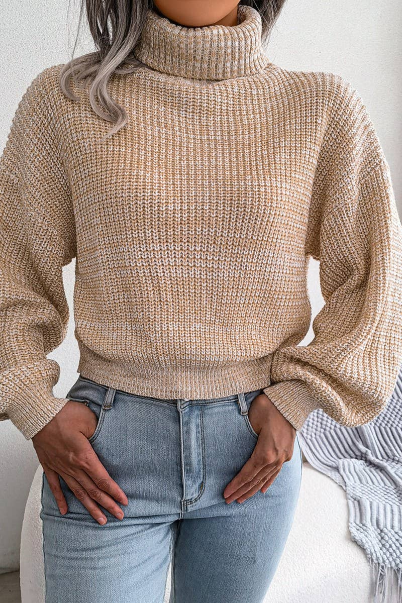 WOMEN LOOSE FIT CABLE KNITTED HIGH NECK SWEATER